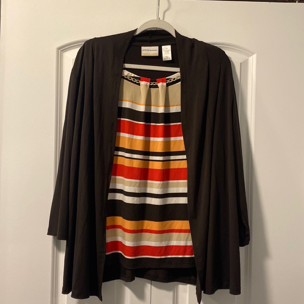 Brown blouse with attached striped shell and necklace
